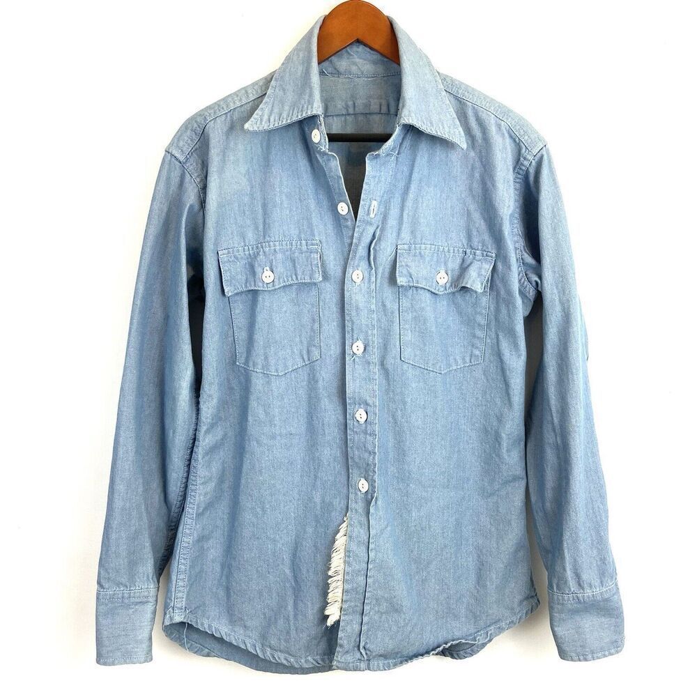 The Great China Wall Denim Shirt Women’s XS Distressed Oversized Western USA